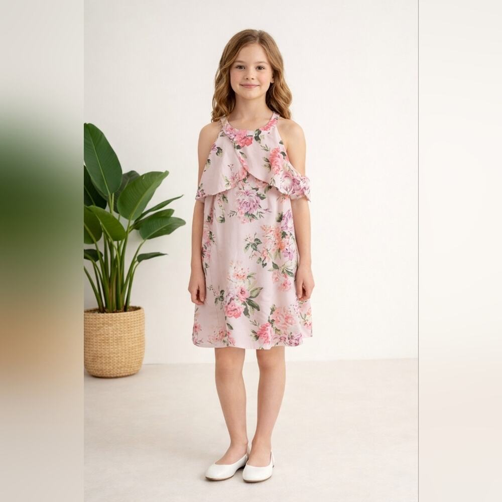 Monteau Girl Pink Sleeveless Ruffle Floral Dress sz 12